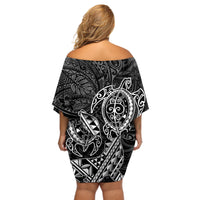 Hawaii Monk Seal and Dolphin Off Shoulder Short Dress Polynesian Kakau Pattern Black White Color