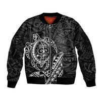 Hawaii Monk Seal and Dolphin Sleeve Zip Bomber Jacket Polynesian Kakau Pattern Black White Color