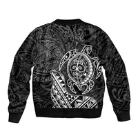 Hawaii Monk Seal and Dolphin Sleeve Zip Bomber Jacket Polynesian Kakau Pattern Black White Color