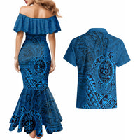 Hawaii Monk Seal and Dolphin Couples Matching Mermaid Dress and Hawaiian Shirt Polynesian Kakau Pattern Blue LT03 - Polynesian Pride