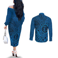 Hawaii Monk Seal and Dolphin Couples Matching Off The Shoulder Long Sleeve Dress and Long Sleeve Button Shirt Polynesian Kakau Pattern Blue
