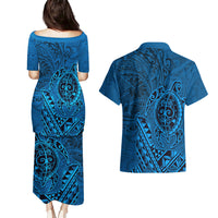 Hawaii Monk Seal and Dolphin Couples Matching Puletasi and Hawaiian Shirt Polynesian Kakau Pattern Blue