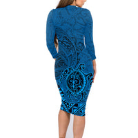 Hawaii Monk Seal and Dolphin Family Matching Long Sleeve Bodycon Dress and Hawaiian Shirt Polynesian Kakau Pattern Blue