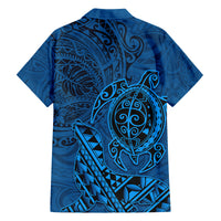 Hawaii Monk Seal and Dolphin Family Matching Off The Shoulder Long Sleeve Dress and Hawaiian Shirt Polynesian Kakau Pattern Blue