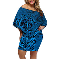 Hawaii Monk Seal and Dolphin Off Shoulder Short Dress Polynesian Kakau Pattern Blue LT03 Women Blue - Polynesian Pride