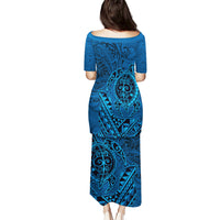 Hawaii Monk Seal and Dolphin Puletasi Polynesian Kakau Pattern Blue