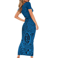 Hawaii Monk Seal and Dolphin Short Sleeve Bodycon Dress Polynesian Kakau Pattern Blue