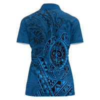 Hawaii Monk Seal and Dolphin Women Polo Shirt Polynesian Kakau Pattern Blue