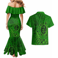 Hawaii Monk Seal and Dolphin Couples Matching Mermaid Dress and Hawaiian Shirt Polynesian Kakau Pattern Green LT03 - Polynesian Pride