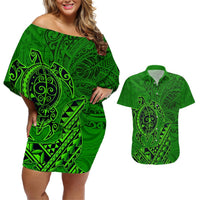 Hawaii Monk Seal and Dolphin Couples Matching Off Shoulder Short Dress and Hawaiian Shirt Polynesian Kakau Pattern Green LT03 Green - Polynesian Pride