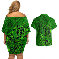 Hawaii Monk Seal and Dolphin Couples Matching Off Shoulder Short Dress and Hawaiian Shirt Polynesian Kakau Pattern Green LT03 - Polynesian Pride