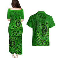 Hawaii Monk Seal and Dolphin Couples Matching Puletasi and Hawaiian Shirt Polynesian Kakau Pattern Green