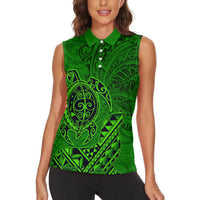 Hawaii Monk Seal and Dolphin Women Sleeveless Polo Shirt Polynesian Kakau Pattern Green
