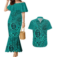 Hawaii Monk Seal and Dolphin Couples Matching Mermaid Dress and Hawaiian Shirt Polynesian Kakau Pattern Turquoise LT03 Turquoise - Polynesian Pride