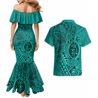 Hawaii Monk Seal and Dolphin Couples Matching Mermaid Dress and Hawaiian Shirt Polynesian Kakau Pattern Turquoise LT03 - Polynesian Pride