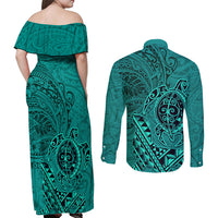 Hawaii Monk Seal and Dolphin Couples Matching Off Shoulder Maxi Dress and Long Sleeve Button Shirt Polynesian Kakau Pattern Turquoise