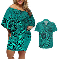Hawaii Monk Seal and Dolphin Couples Matching Off Shoulder Short Dress and Hawaiian Shirt Polynesian Kakau Pattern Turquoise LT03 Turquoise - Polynesian Pride