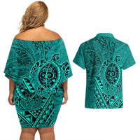 Hawaii Monk Seal and Dolphin Couples Matching Off Shoulder Short Dress and Hawaiian Shirt Polynesian Kakau Pattern Turquoise LT03 - Polynesian Pride