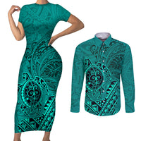 Hawaii Monk Seal and Dolphin Couples Matching Short Sleeve Bodycon Dress and Long Sleeve Button Shirt Polynesian Kakau Pattern Turquoise