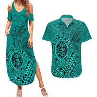 Hawaii Monk Seal and Dolphin Couples Matching Summer Maxi Dress and Hawaiian Shirt Polynesian Kakau Pattern Turquoise LT03 Turquoise - Polynesian Pride