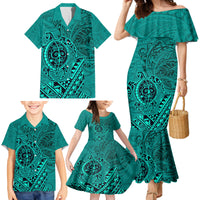 Hawaii Monk Seal and Dolphin Family Matching Mermaid Dress and Hawaiian Shirt Polynesian Kakau Pattern Turquoise