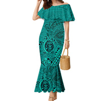 Hawaii Monk Seal and Dolphin Family Matching Mermaid Dress and Hawaiian Shirt Polynesian Kakau Pattern Turquoise