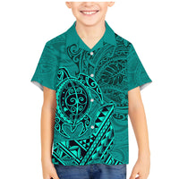 Hawaii Monk Seal and Dolphin Family Matching Mermaid Dress and Hawaiian Shirt Polynesian Kakau Pattern Turquoise