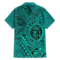 Hawaii Monk Seal and Dolphin Family Matching Off Shoulder Short Dress and Hawaiian Shirt Polynesian Kakau Pattern Turquoise