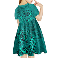 Hawaii Monk Seal and Dolphin Kid Short Sleeve Dress Polynesian Kakau Pattern Turquoise