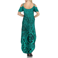 Hawaii Monk Seal and Dolphin Summer Maxi Dress Polynesian Kakau Pattern Turquoise