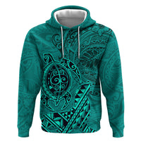 Hawaii Monk Seal and Dolphin Zip Hoodie Polynesian Kakau Pattern Turquoise