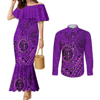 Hawaii Monk Seal and Dolphin Couples Matching Mermaid Dress and Long Sleeve Button Shirt Polynesian Kakau Pattern Purple LT03 Purple - Polynesian Pride
