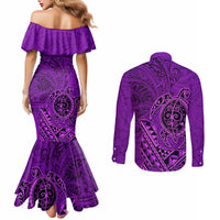 Hawaii Monk Seal and Dolphin Couples Matching Mermaid Dress and Long Sleeve Button Shirt Polynesian Kakau Pattern Purple LT03 - Polynesian Pride