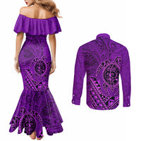 Hawaii Monk Seal and Dolphin Couples Matching Mermaid Dress and Long Sleeve Button Shirt Polynesian Kakau Pattern Purple