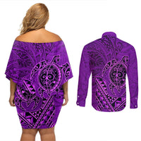 Hawaii Monk Seal and Dolphin Couples Matching Off Shoulder Short Dress and Long Sleeve Button Shirt Polynesian Kakau Pattern Purple LT03 - Polynesian Pride