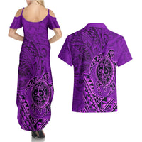 Hawaii Monk Seal and Dolphin Couples Matching Summer Maxi Dress and Hawaiian Shirt Polynesian Kakau Pattern Purple LT03 - Polynesian Pride