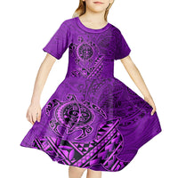 Hawaii Monk Seal and Dolphin Kid Short Sleeve Dress Polynesian Kakau Pattern Purple