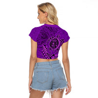 Hawaii Monk Seal and Dolphin Raglan Cropped T Shirt Polynesian Kakau Pattern Purple