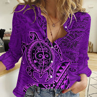 Hawaii Monk Seal and Dolphin Women Casual Shirt Polynesian Kakau Pattern Purple