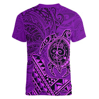 Hawaii Monk Seal and Dolphin Women V-Neck T-Shirt Polynesian Kakau Pattern Purple