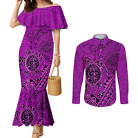 Hawaii Monk Seal and Dolphin Couples Matching Mermaid Dress and Long Sleeve Button Shirt Polynesian Kakau Pattern Pink LT03 Pink - Polynesian Pride