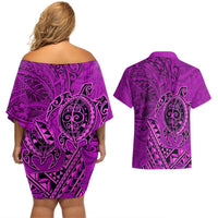 Hawaii Monk Seal and Dolphin Couples Matching Off Shoulder Short Dress and Hawaiian Shirt Polynesian Kakau Pattern Pink LT03 - Polynesian Pride
