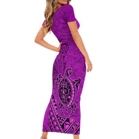 Hawaii Monk Seal and Dolphin Short Sleeve Bodycon Dress Polynesian Kakau Pattern Pink