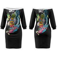 Hawaii Pineapple Surfing Family Matching Off The Shoulder Long Sleeve Dress and Hawaiian Shirt It's in My DNA - Kakau and Polynesian Pattern LT03 Mom's Dress Black - Polynesian Pride