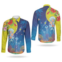 Palau Couples Matching Short Sleeve Bodycon Dress and Long Sleeve Button Shirt Jellyfish with Coral Reefs Ocean Vibe and Tapa Pattern LT03 - Polynesian Pride
