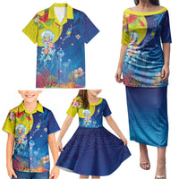 Palau Family Matching Puletasi and Hawaiian Shirt Jellyfish with Coral Reefs Ocean Vibe and Tapa Pattern LT03 - Polynesian Pride