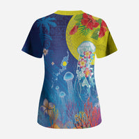 Palau Scrub Top Jellyfish with Coral Reefs Ocean Vibe and Tapa Pattern LT03 - Polynesian Pride