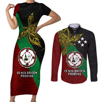 Papua New Guinea East New Britain Province Couples Matching Short Sleeve Bodycon Dress and Long Sleeve Button Shirts PNG Birds Of Paradise Polynesian Arty Style LT03
