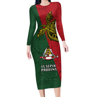 Papua New Guinea East Sepik Province Long Sleeve Bodycon Dress PNG Birds Of Paradise Polynesian Arty Style LT03 Long Dress Green - Polynesian Pride