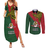 Custom Papua New Guinea East Sepik Province Couples Matching Summer Maxi Dress and Long Sleeve Button Shirts PNG Birds Of Paradise Polynesian Arty Style LT03 Green - Polynesian Pride